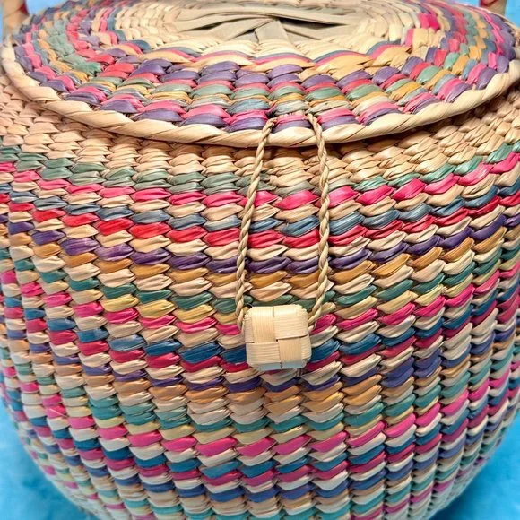 Vtg Woven Rattan/Straw Colorful Snake Charmer Basket Lid Handles Native American - Picture 2 of 7